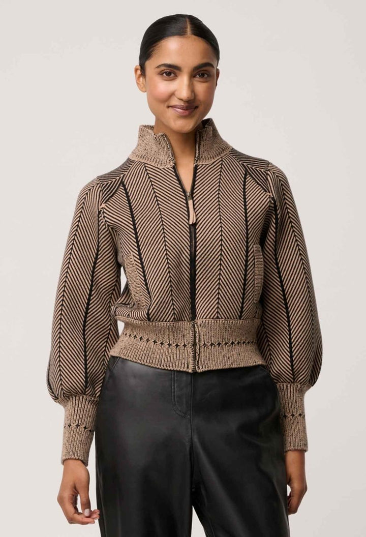 Jeanne Wool Blend Textured Knit Bomber Jacket in Tan Chevron Coats &amp; Jackets Once Was