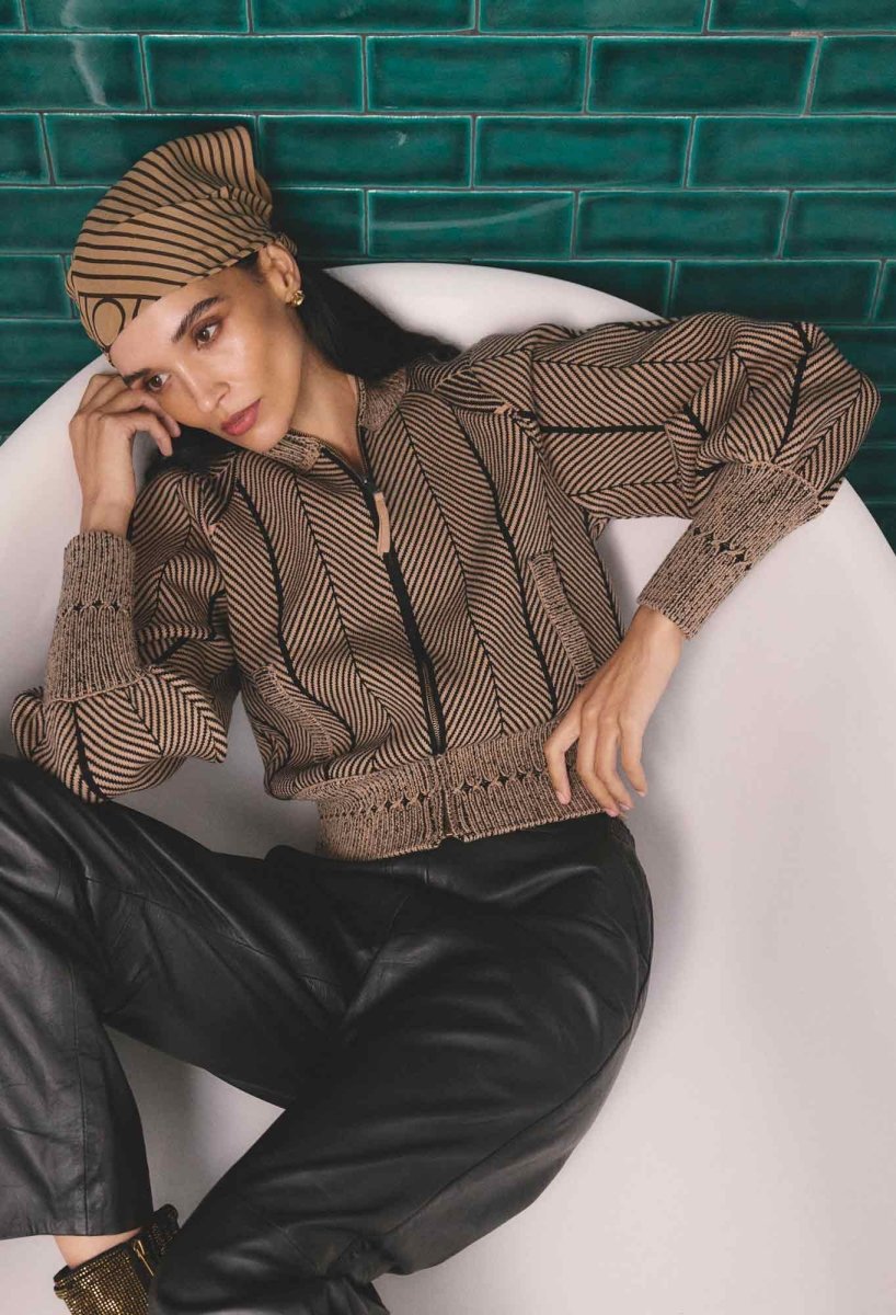 Jeanne Wool Blend Textured Knit Bomber Jacket in Tan Chevron Coats & Jackets Once Was
