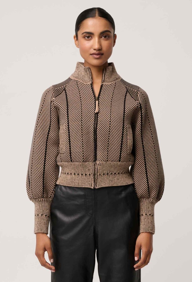 Jeanne Wool Blend Textured Knit Bomber Jacket in Tan Chevron Coats &amp; Jackets Once Was