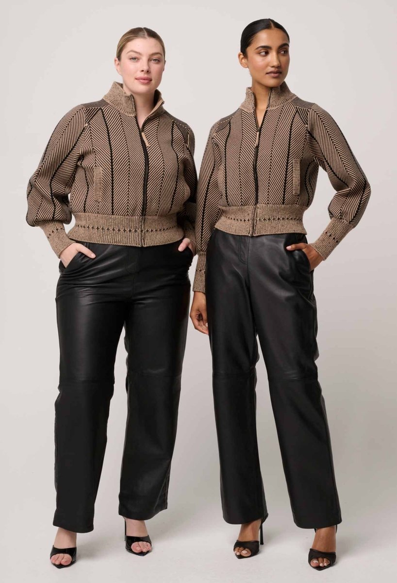 Jeanne Wool Blend Textured Knit Bomber Jacket in Tan Chevron Coats &amp; Jackets Once Was