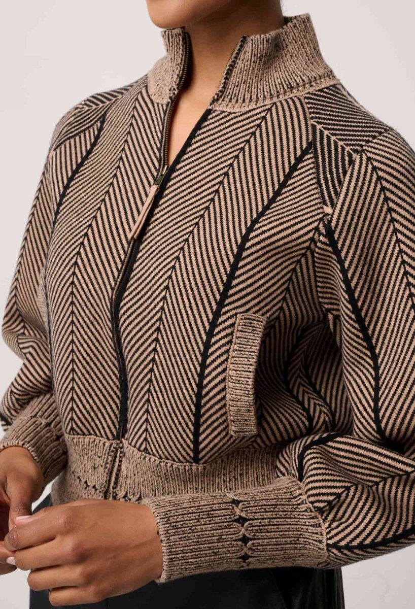 Jeanne Wool Blend Textured Knit Bomber Jacket in Tan Chevron Coats &amp; Jackets Once Was