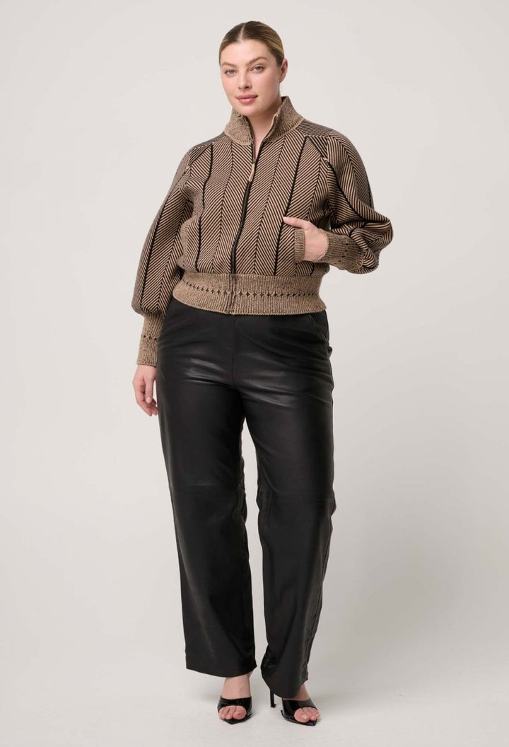 Jeanne Wool Blend Textured Knit Bomber Jacket in Tan Chevron Coats &amp; Jackets Once Was