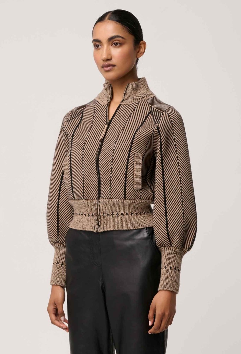 Jeanne Wool Blend Textured Knit Bomber Jacket in Tan Chevron Coats &amp; Jackets Once Was