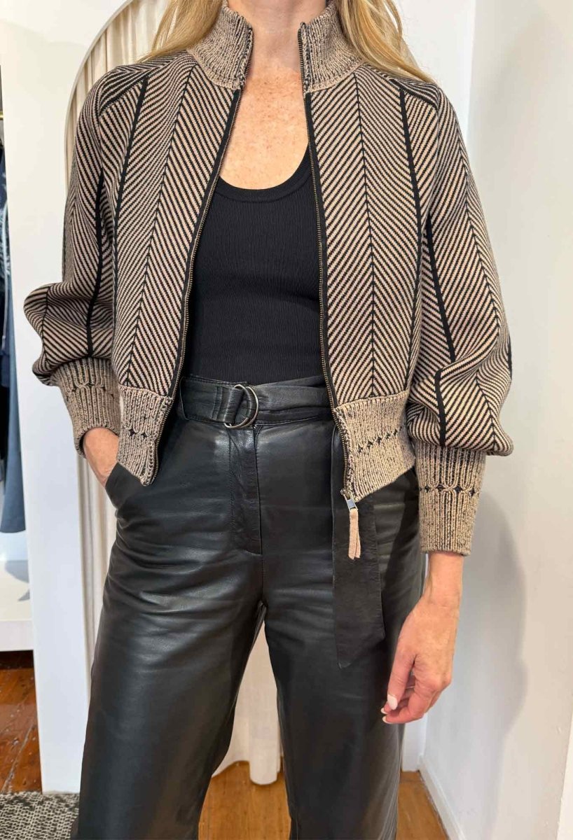 Jeanne Wool Blend Textured Knit Bomber Jacket in Tan Chevron Coats &amp; Jackets Once Was
