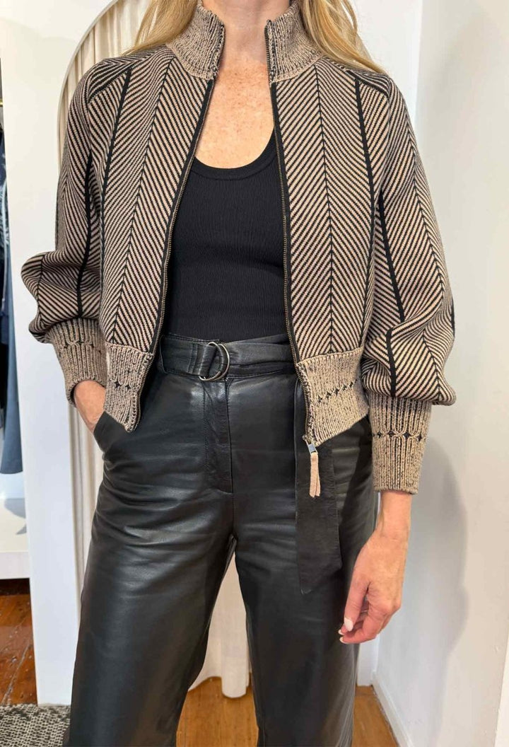 Jeanne Wool Blend Textured Knit Bomber Jacket in Tan Chevron Coats &amp; Jackets Once Was