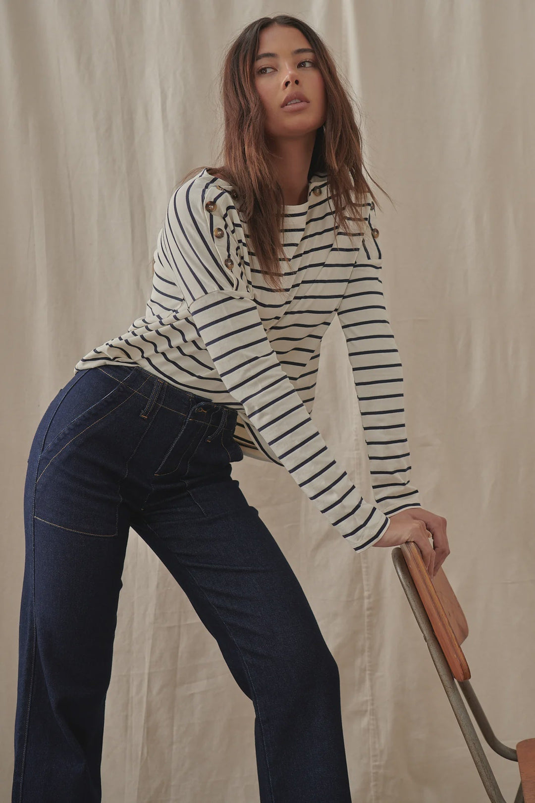 Juliette Top - White with Navy Stripes Long Sleeve Tee Kireina