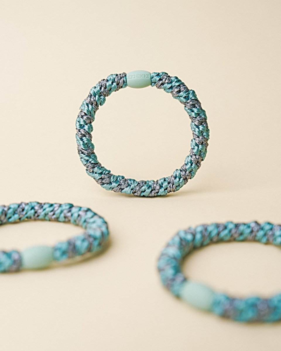 KKINEKKI TEAL STEEL GREY GLITTER STRIPE KKINNEKKI hair tie KKNEKKI original hair ties