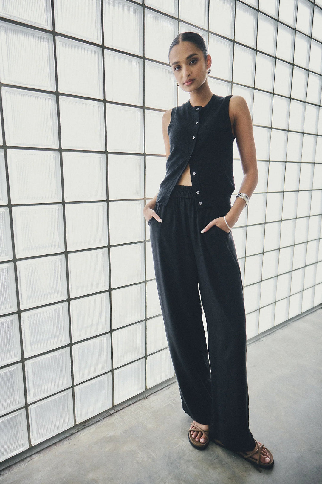 Kyra Button Tank - Black cardigan White by FTL