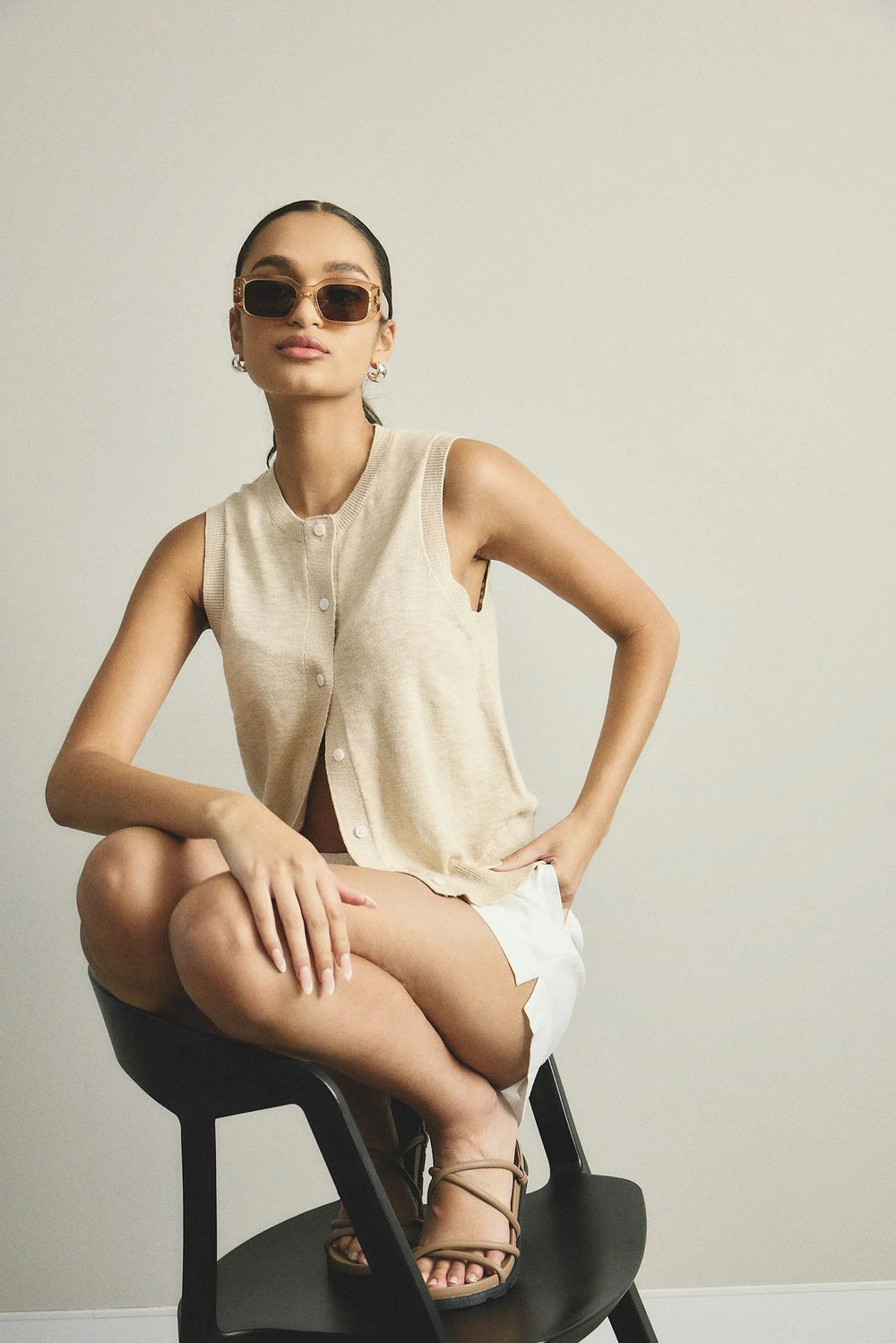 Kyra Button Tank - Ivory cardigan White by FTL