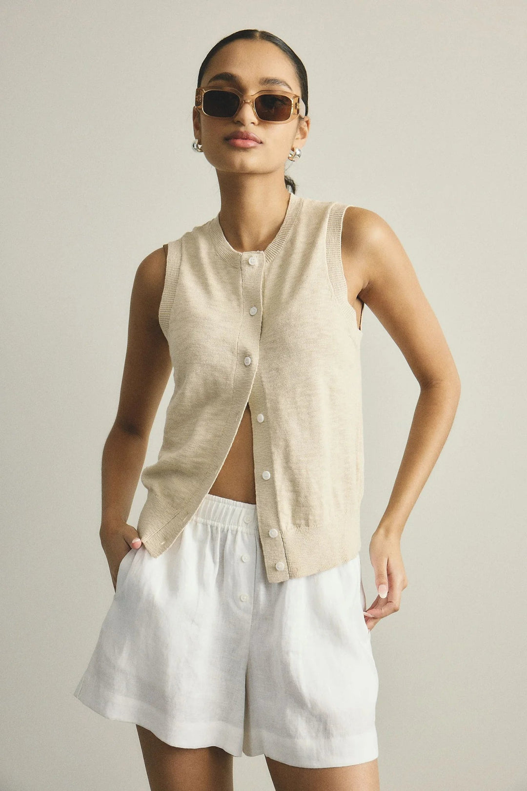 Kyra Button Tank - Ivory cardigan White by FTL