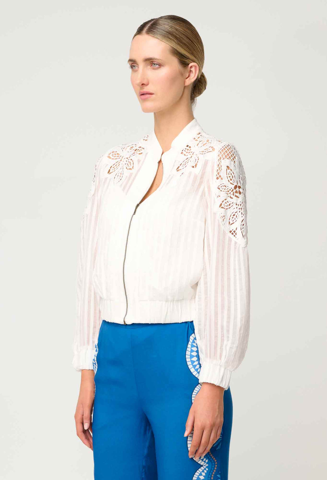 Lamia Tencel Lace Detail Bomber in Ivory - Stanleyandstone
