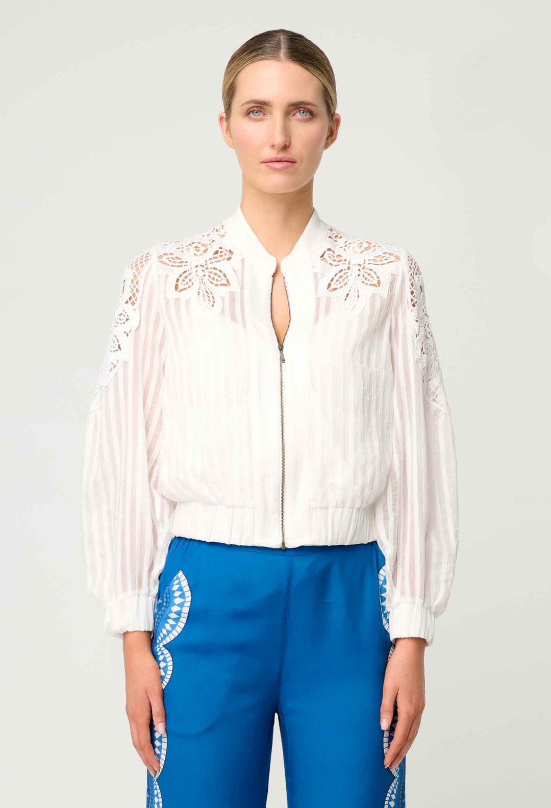 Lamia Tencel Lace Detail Bomber in Ivory - Stanleyandstone