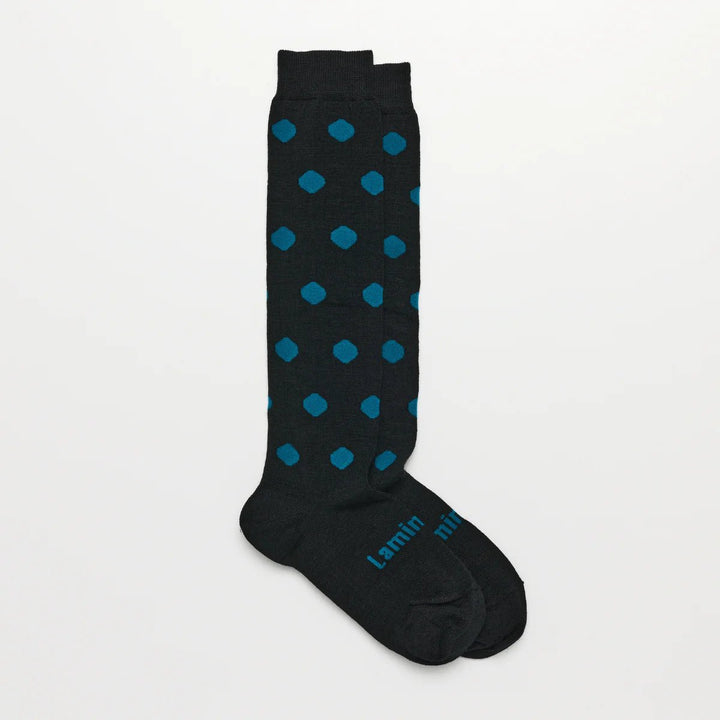 Lamington -Merino Wool Knee High Socks | WOMAN | Neo Black with Blue Spots Lamington