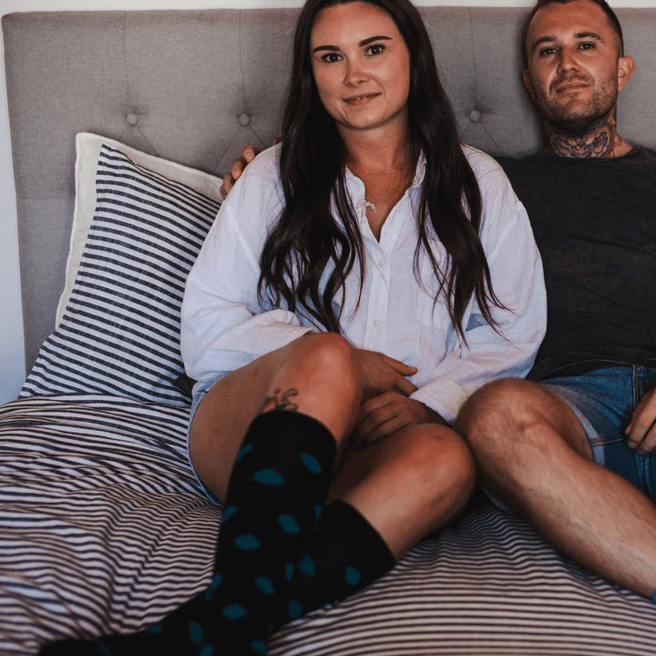 Lamington -Merino Wool Knee High Socks | WOMAN | Neo Black with Blue Spots Lamington