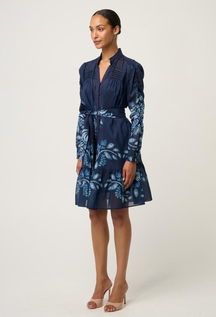 Lanae Cotton Silk Print Ruched Sleeve Dress - Moonlit Batik Once Was