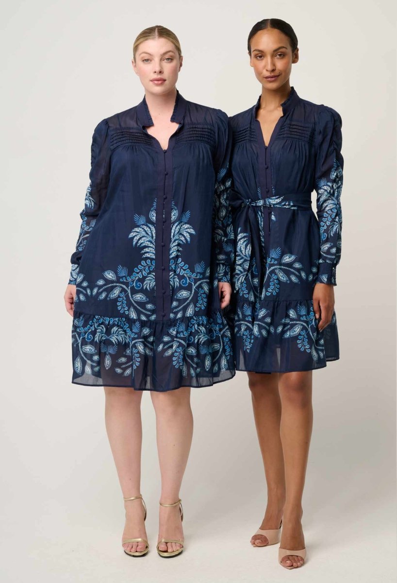 Lanae Cotton Silk Print Ruched Sleeve Dress - Moonlit Batik Once Was