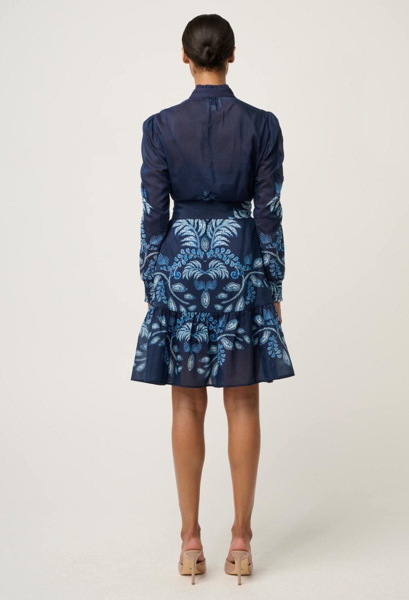 Lanae Cotton Silk Print Ruched Sleeve Dress - Moonlit Batik Once Was