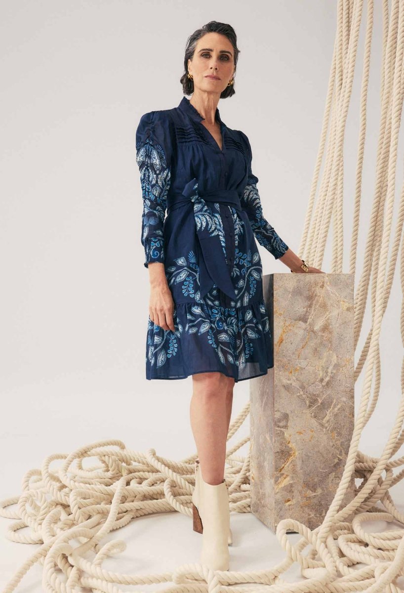 Lanae Cotton Silk Print Ruched Sleeve Dress - Moonlit Batik Once Was