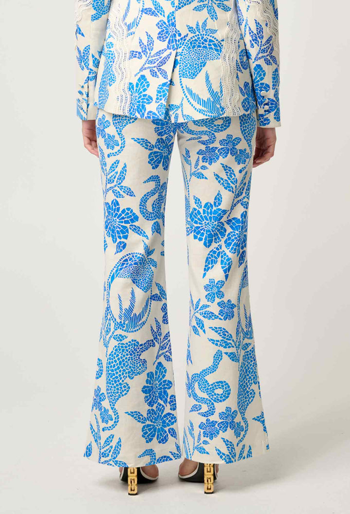 Leandro Contrast Lace Linen Viscose Stretch Pant in Azure Mosaic pant Once Was