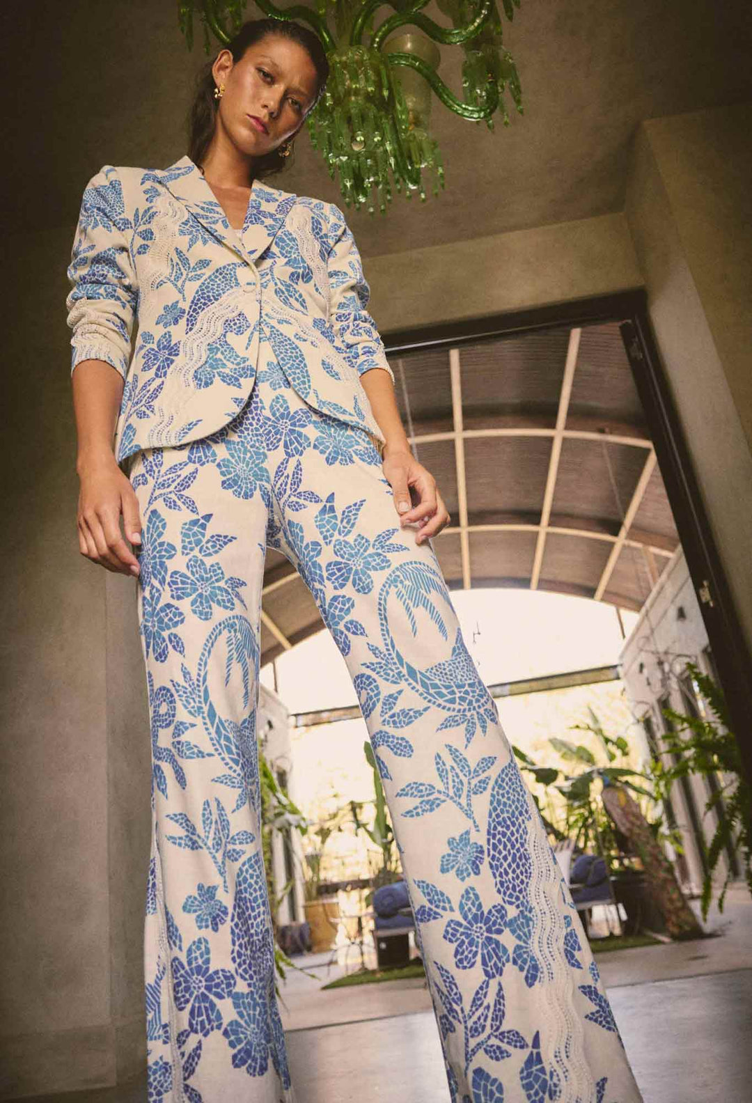 Leandro Contrast Lace Linen Viscose Stretch Pant in Azure Mosaic pant Once Was