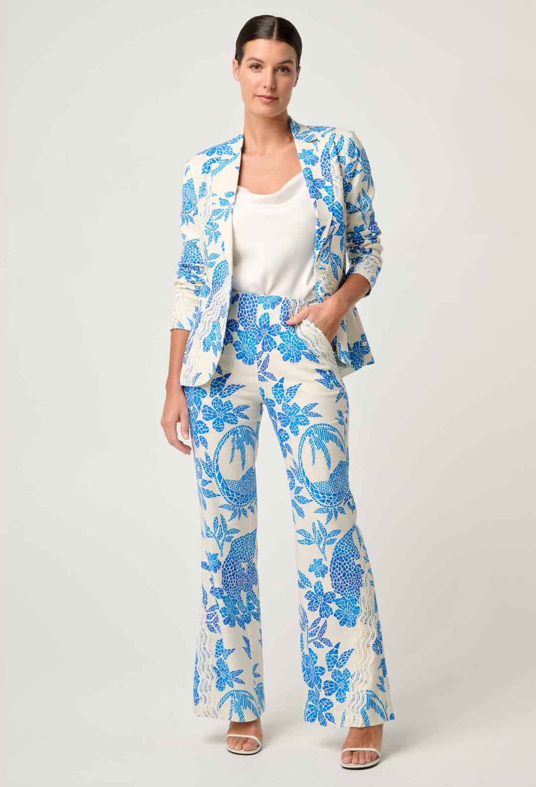 Leandro Contrast Lace Linen Viscose Stretch Pant in Azure Mosaic pant Once Was
