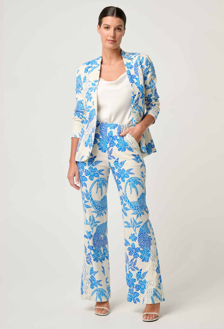 Leandro Contrast Lace Linen Viscose Stretch Pant in Azure Mosaic pant Once Was