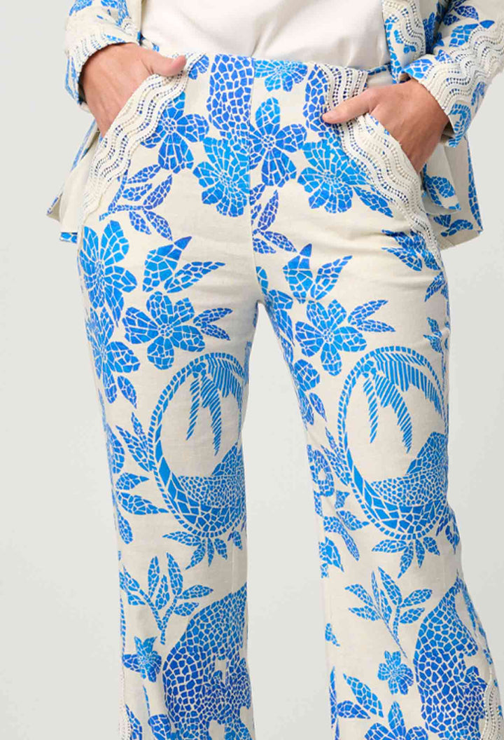 Leandro Contrast Lace Linen Viscose Stretch Pant in Azure Mosaic pant Once Was
