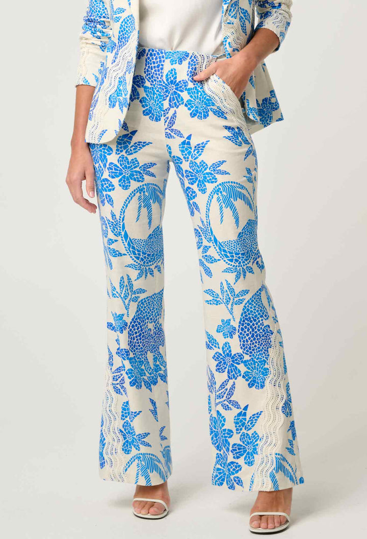 Leandro Contrast Lace Linen Viscose Stretch Pant in Azure Mosaic pant Once Was