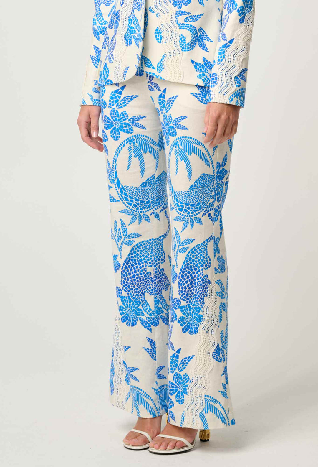 Leandro Contrast Lace Linen Viscose Stretch Pant in Azure Mosaic pant Once Was