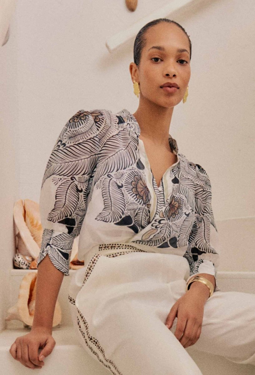 Leila Silk Cotton Placement Top in Ivory Casablanca Blouse Once Was