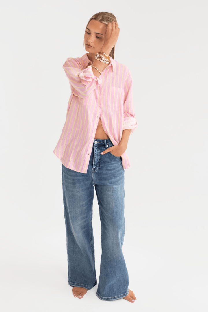 Lemon Drop Stripe Boyfriend Linen Stripe - Stanleyandstone