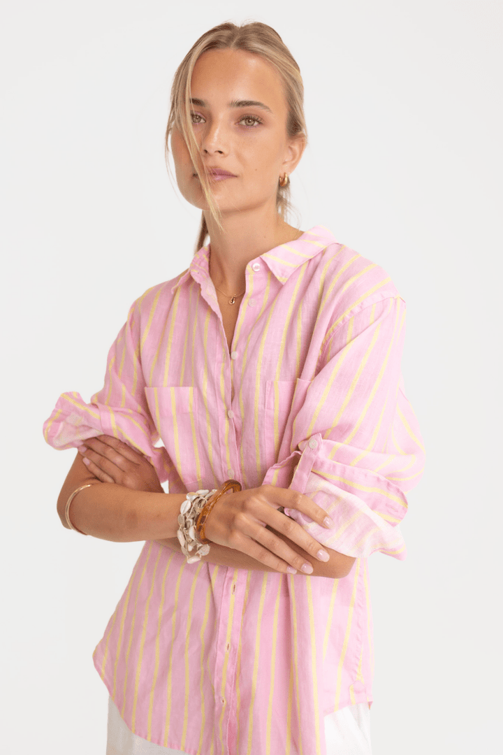 Lemon Drop Stripe Boyfriend Linen Stripe - Stanleyandstone