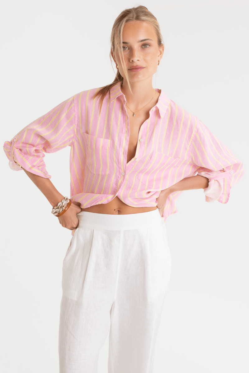 Lemon Drop Stripe Boyfriend Linen Stripe - Stanleyandstone