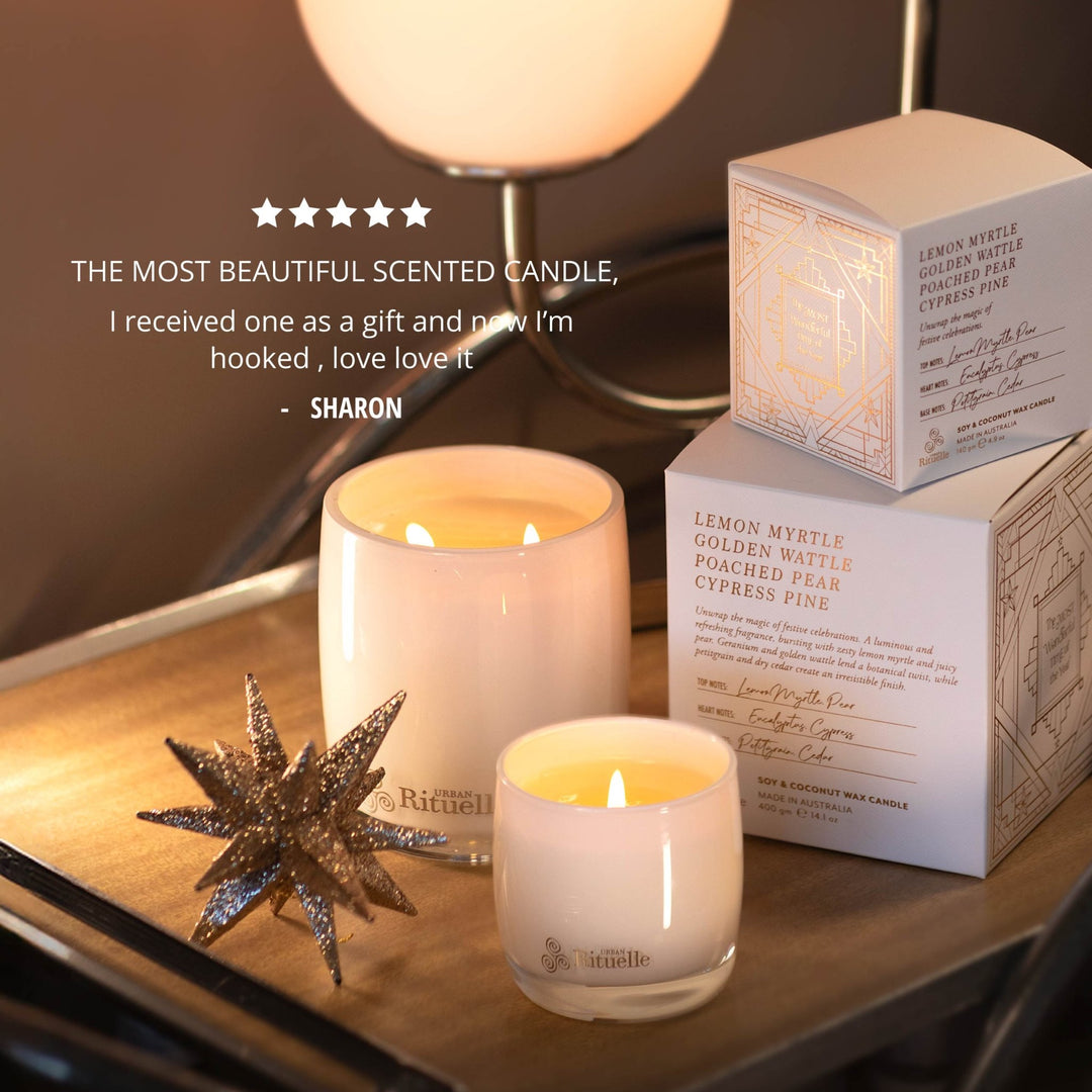 Lemon Myrtle, Golden Wattle, Poached Pear, Cypress PineScented Soy Candle | 140gm - Stanleyandstone