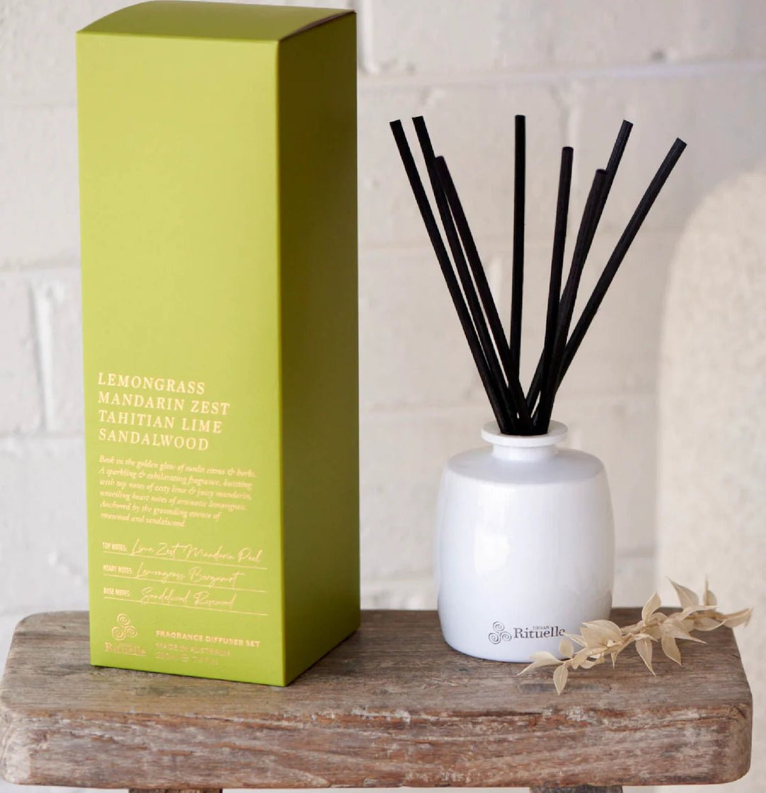 Lemongrass, Mandarin Zest, Tahitian Lime, Sandalwood Fragrance Diffuser Set | 220ml Candles Urban Rituelle