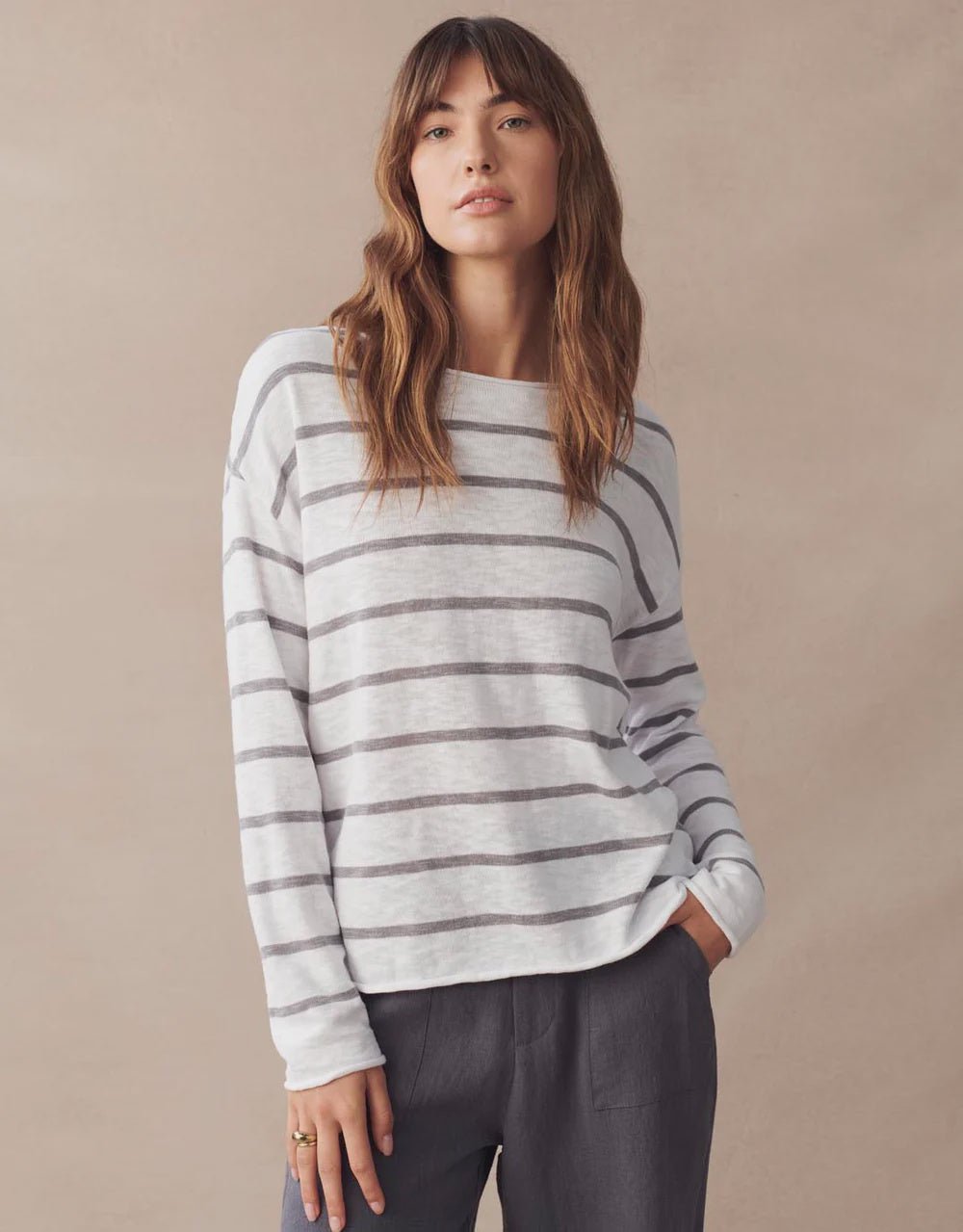 Little Lies Minnie Top - Light Grey Stripe Long Sleeve Tee Little Lies
