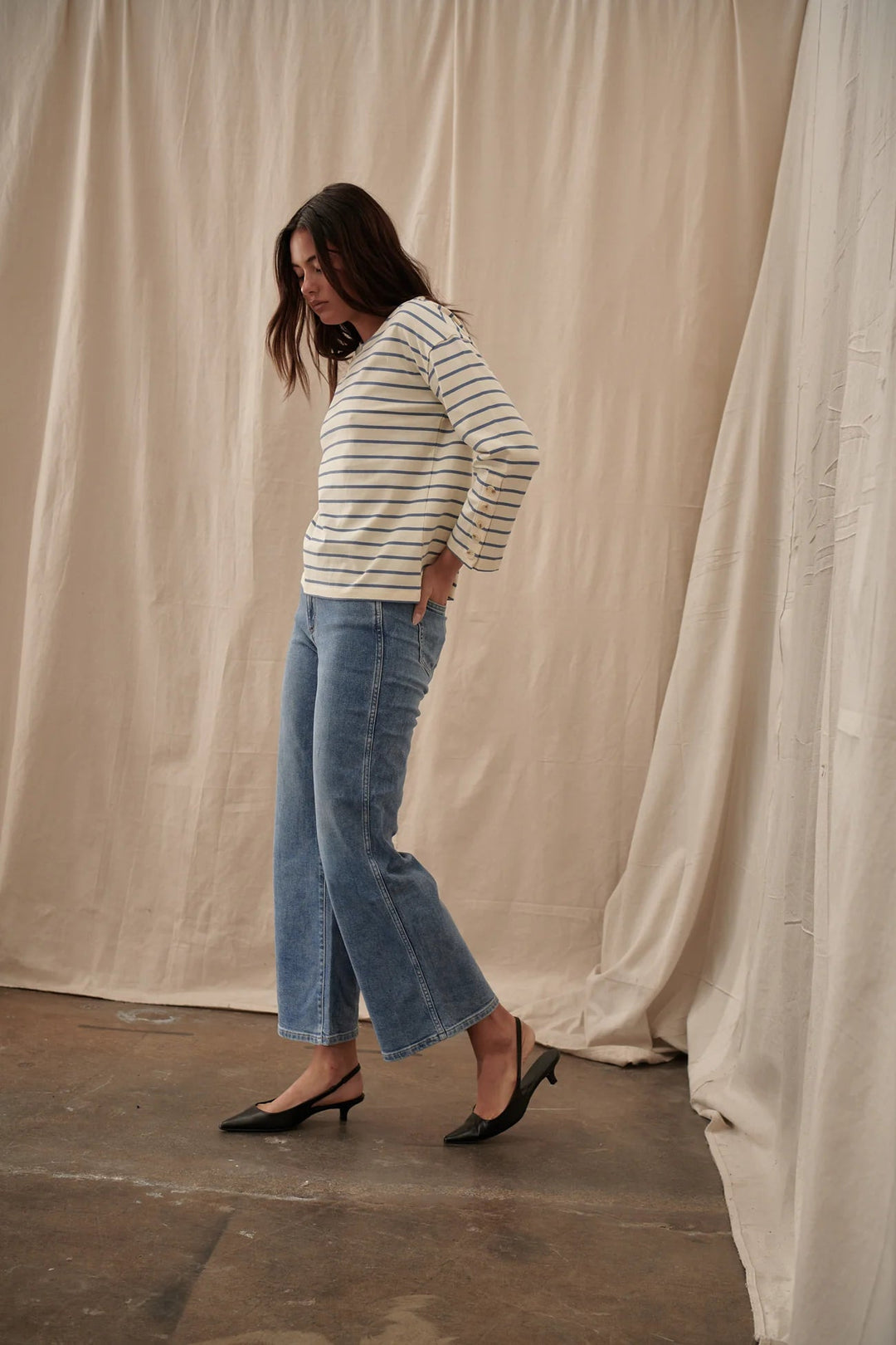 Louise Top - White with Light Blue Stripe Long Sleeve Tee Kireina