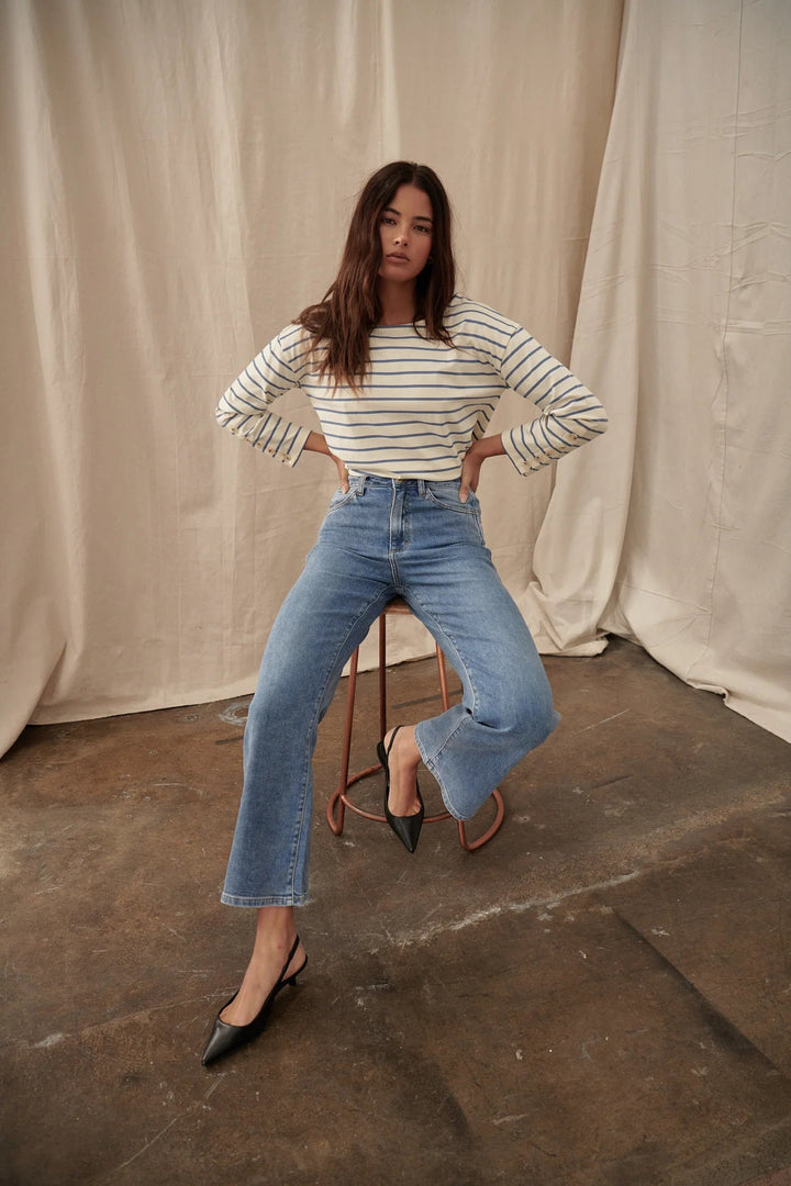 Louise Top - White with Light Blue Stripe Long Sleeve Tee Kireina