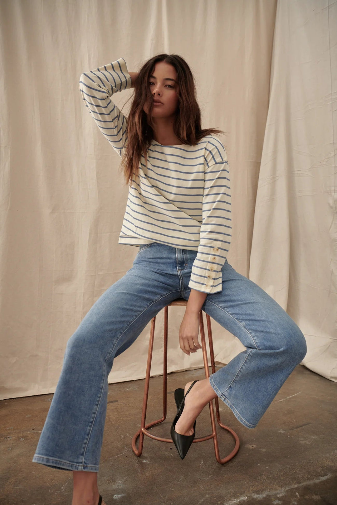 Louise Top - White with Light Blue Stripe Long Sleeve Tee Kireina