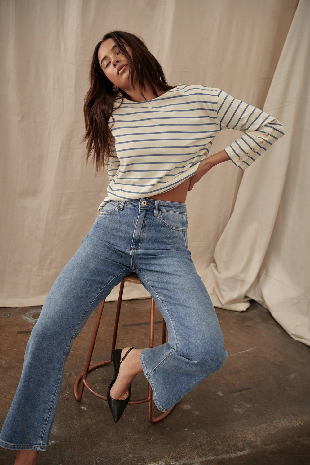 Louise Top - White with Light Blue Stripe Long Sleeve Tee Kireina