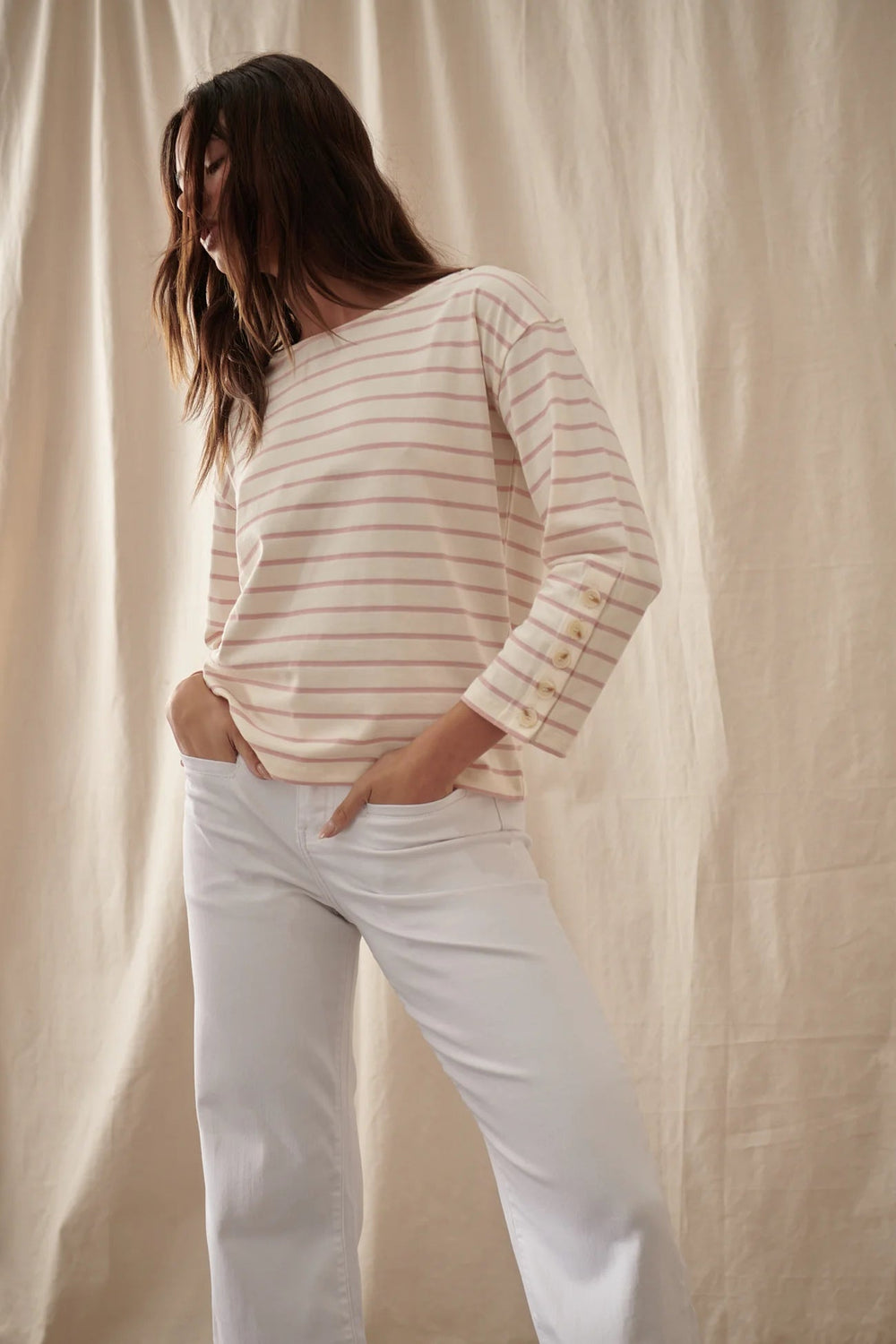 Louise Top - White with Light Pink Stripe Long Sleeve Tee Kireina