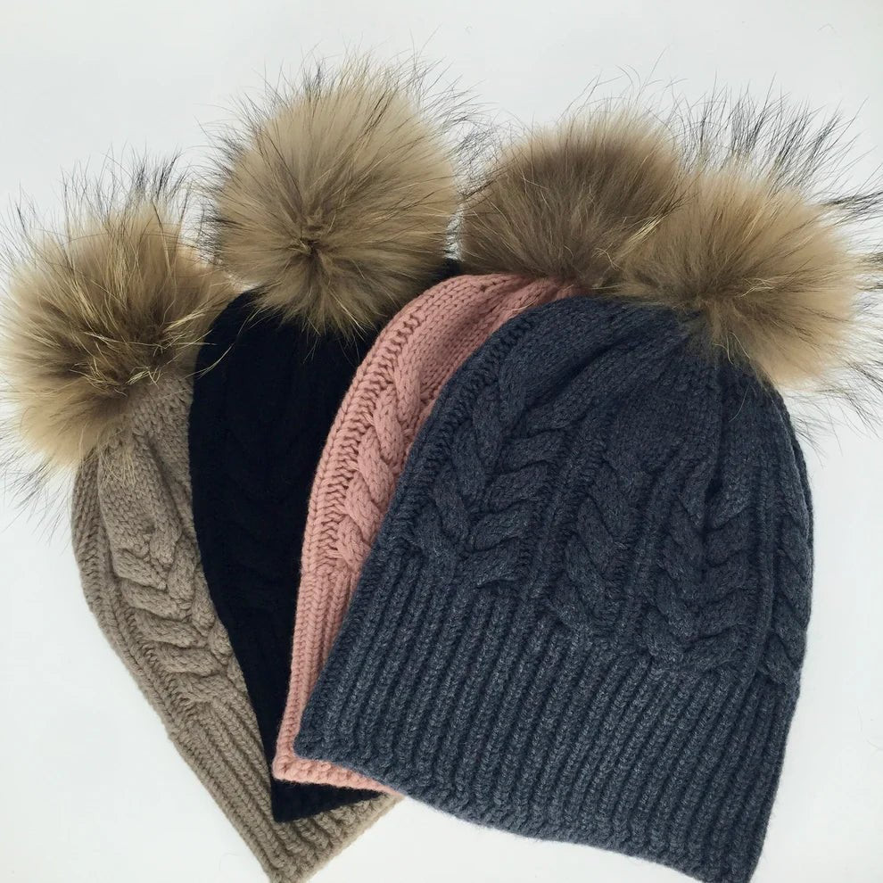 Love Kate Pure wool detachable beanie woith natural fur pom pom beanie Love Kate