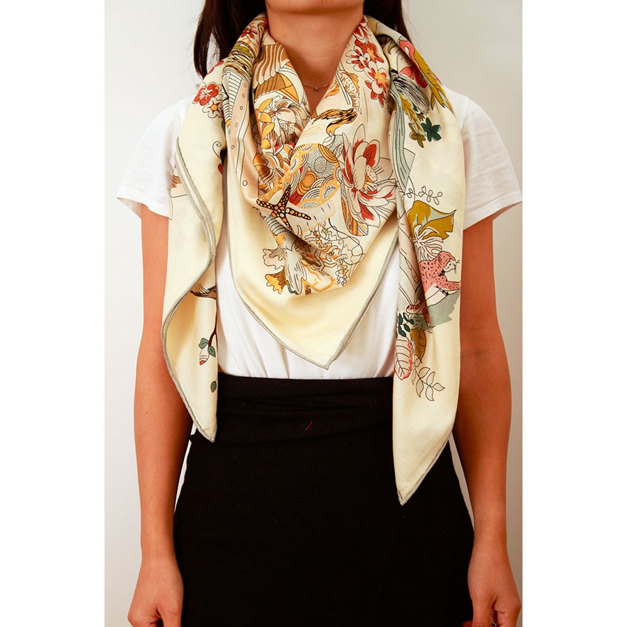 MAISON FANLI Silk Scarf 90x90cm - Romantic Paris Cream silk scarf MAISON FANLI