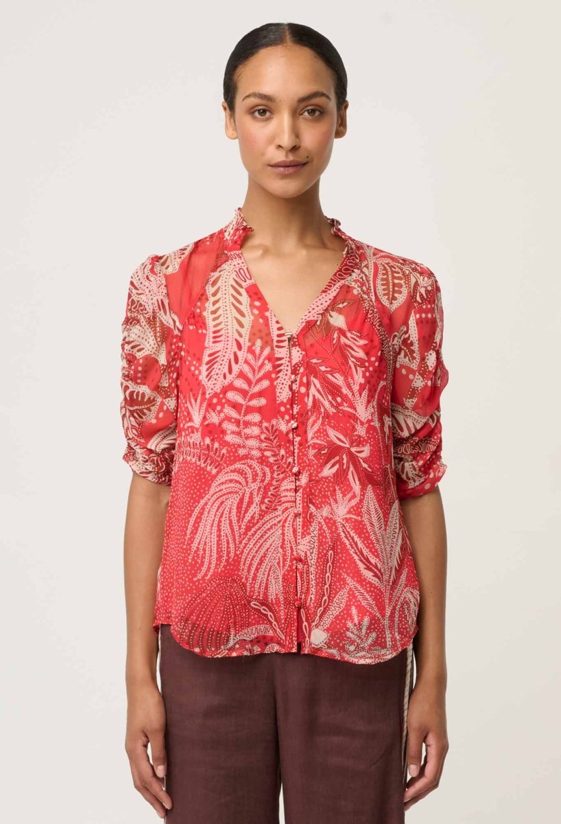 Lunette Viscose Chiffon Blouse in Crimson Palms Once Was