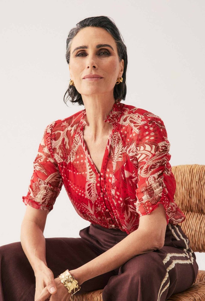 Lunette Viscose Chiffon Blouse in Crimson Palms Once Was