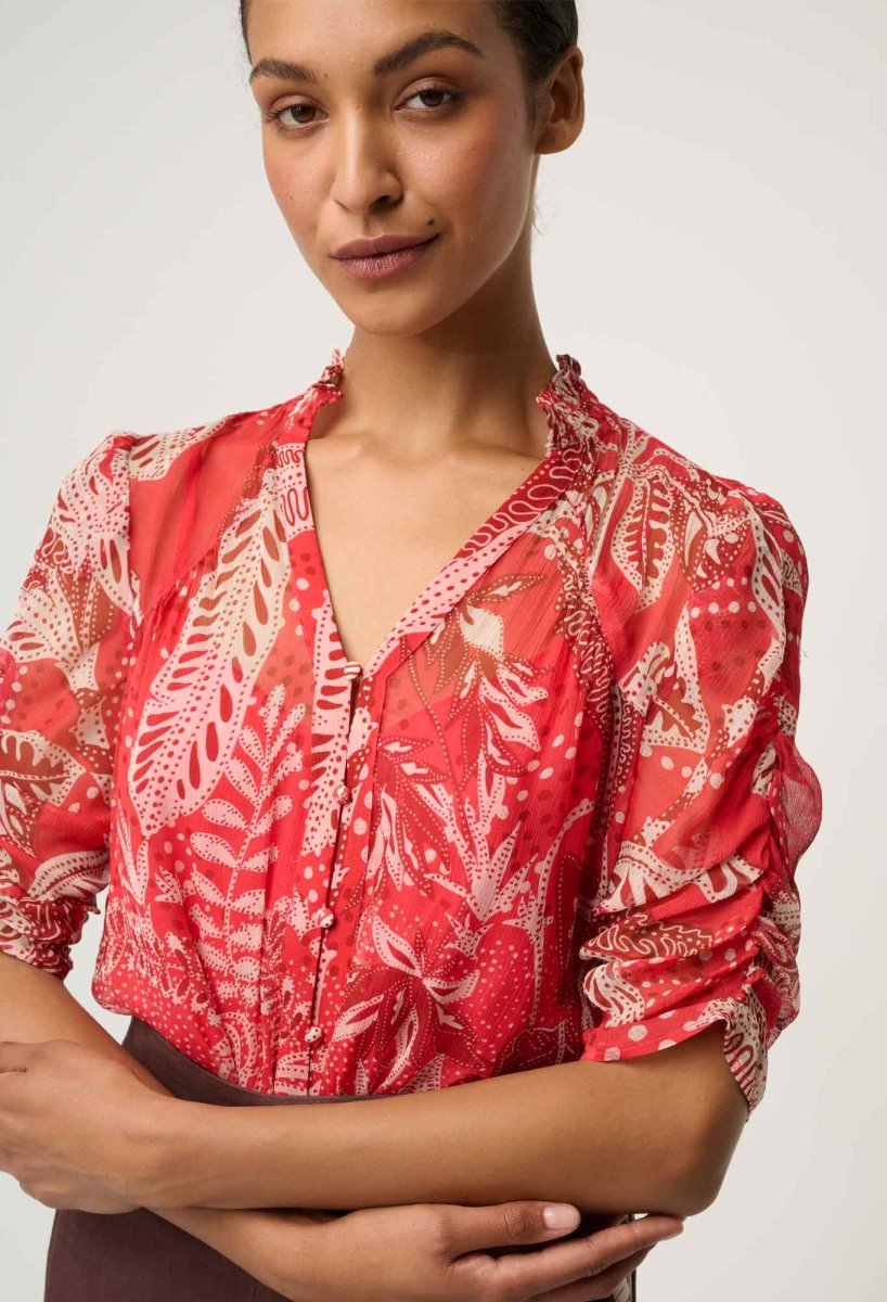 Lunette Viscose Chiffon Blouse in Crimson Palms Once Was