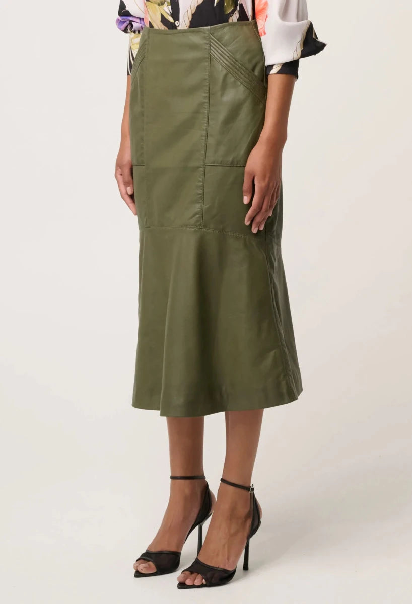 Mabel Leather Curved Tier Skirt - Moss skirt Once Was