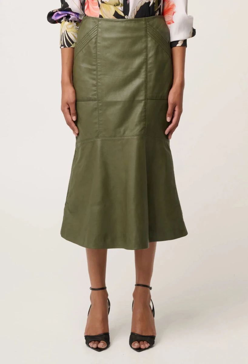 Mabel Leather Curved Tier Skirt - Moss skirt Once Was