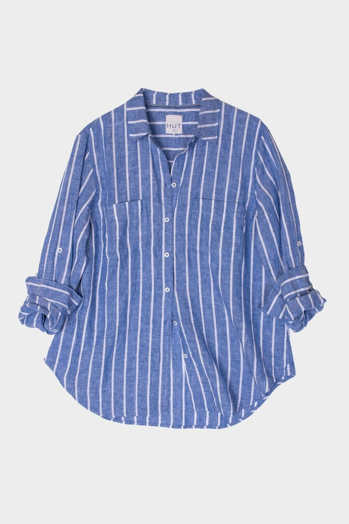 Marine Stripe Boyfriend Linen Shirt Hut
