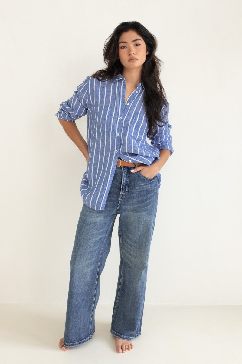Marine Stripe Boyfriend Linen Shirt Hut